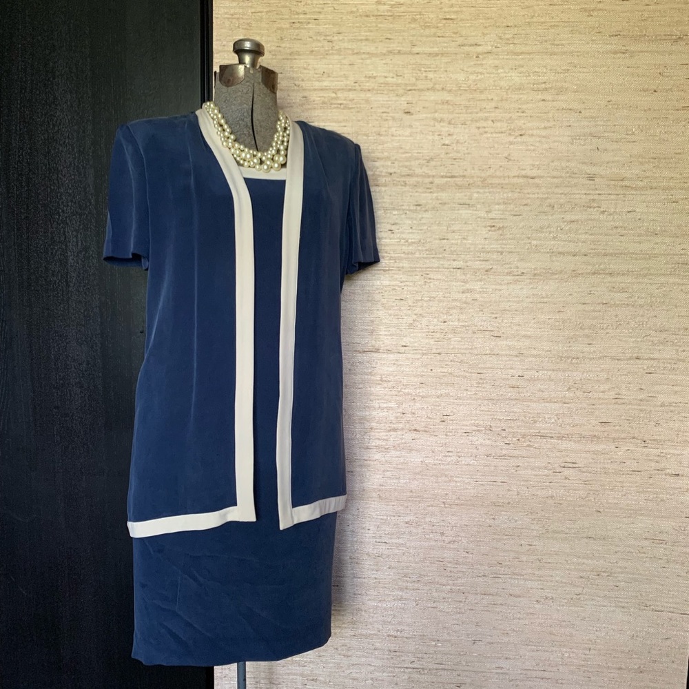Papell Petites Silk Blue/Cream Sheath w/Shell